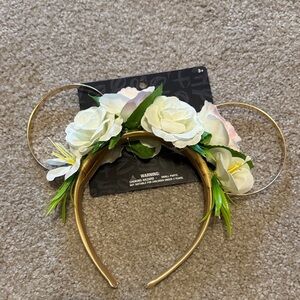 Disney Gold Minnie Ear Headband with White Flowers and Green Leaves
